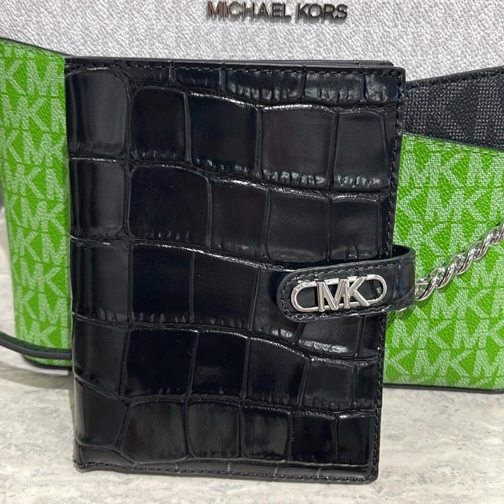 Michael Kors Empire Metallic Crocodile Embossed Leather Passport Wallet Black
